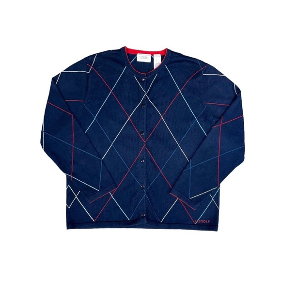 Liz Clairborne Golf Cardigan Women's Size Large Navy Red Argyle Cotton Vintage - Picture 1 of 6